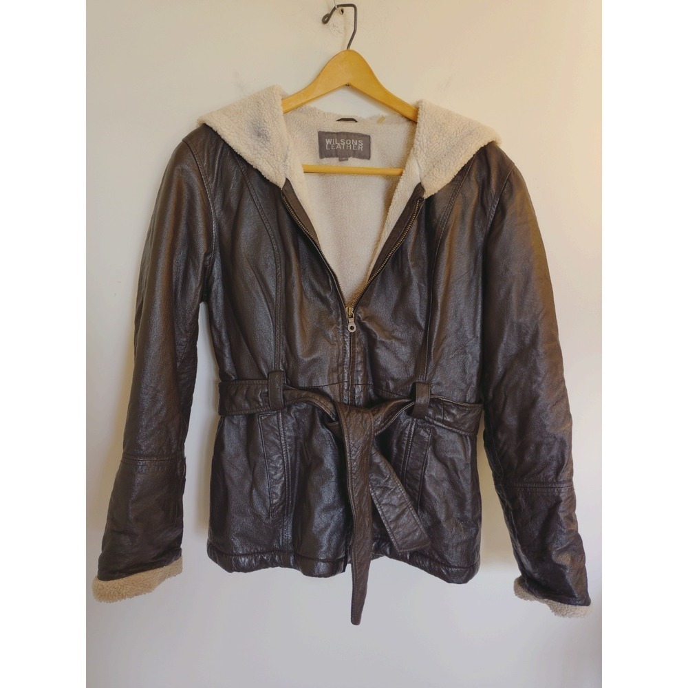 Vintage Wilson Woman S Dark Brown Genuine Leather Faux Fur Sherpa Hooded Jacket